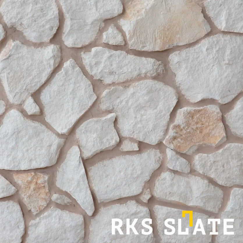 RKS SLATE White Limestone Loose для облицовки фасадов и интерьеров. Натуральный камень, прочный и красивый. Долговечность и элегантность. Быстрая доставка!