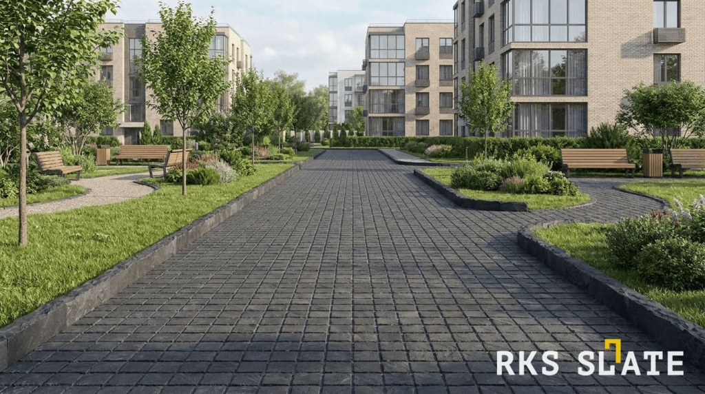 Брусчатка RKS Slate Belgian Black 100х100 мм и бордюр из камня Belgian Black
