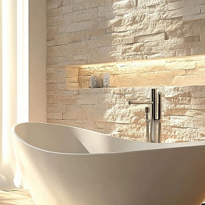 3D стеновая панель RKS SLATE White Quartz Classic, воплощающая элегантность белого кварцита в дизайне ванной.